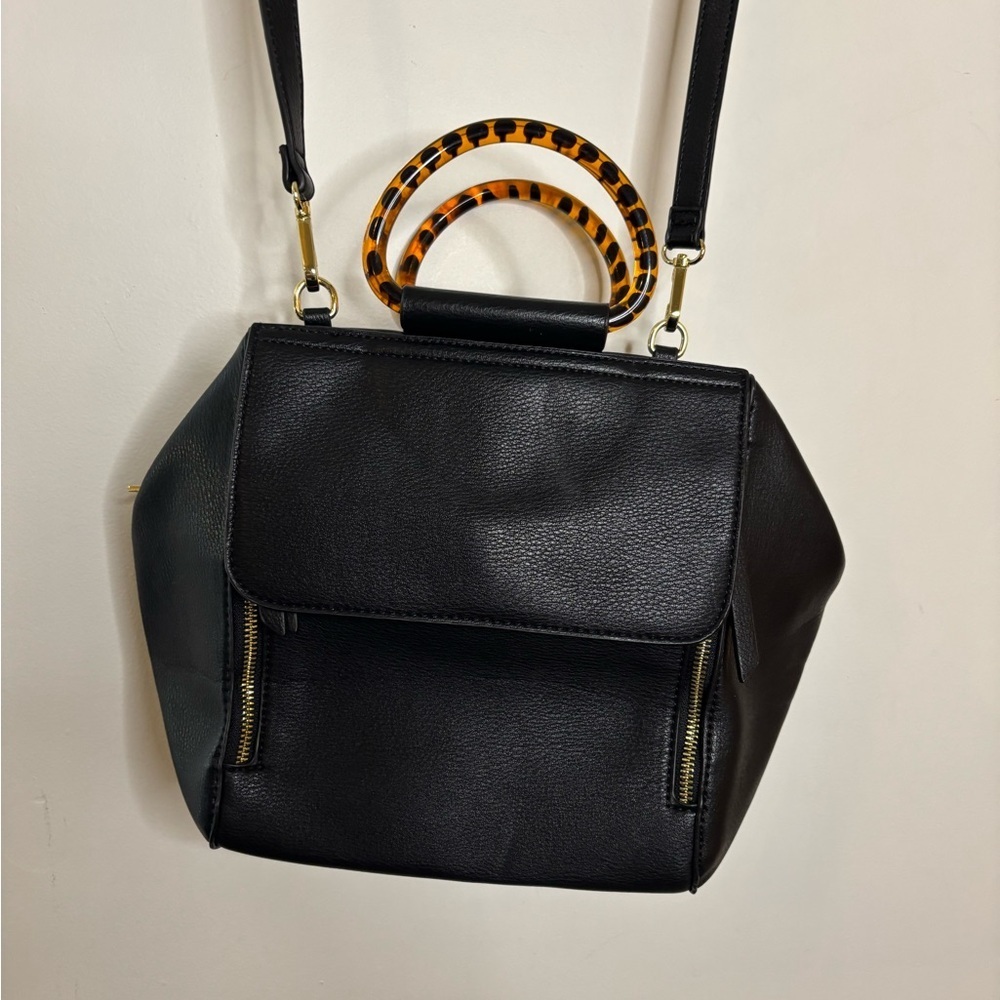 Sole Society Black Crossbody Doctor Bag with Tortoise Shell Handles